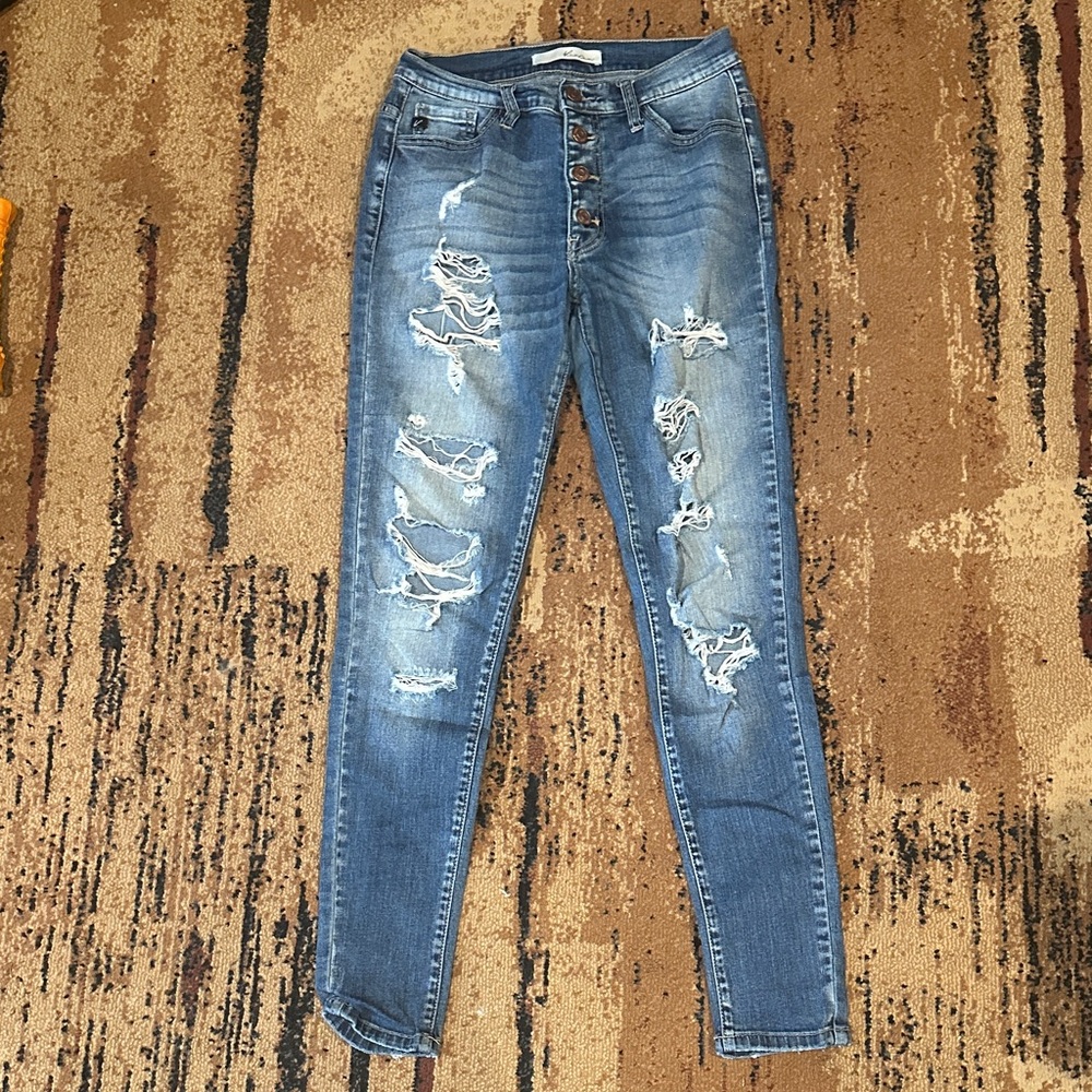 KanCan Button-Fly Distressed Skinny Jeans - Blue